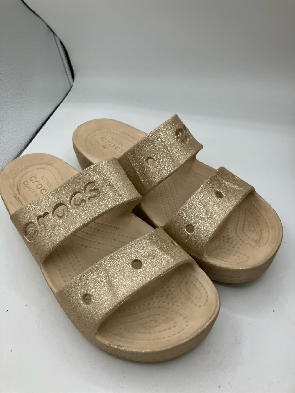 CROCS  Women’s Double-Strap Glitter Slide Sandals in Gold size 10